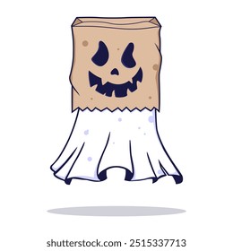 Kawaii Boo usando a cabeça de saco de papel. Feliz Dia das Bruxas. Personagem assustador de desenho animado fantasma. Ilustração vetorial