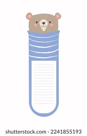 Marcador kawaii con oso. Elemento gráfico para sitio web, animal gris. lugar de texto y notas, fijando objetivos y motivación, organización del proceso educativo. Dibujo vectorial plano de dibujos animados
