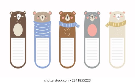 Kawaii bookmarks with animals set. Collection of graphic elements for website. Place for taking notes and organizing educational process. Cartoon flat vector illustrations isolated on white background