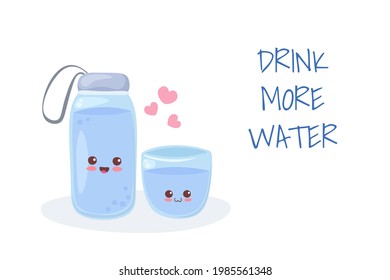 Kawaii Bottle and Glass of Water stock vector illustration isolated on white background. Funny happy cartoon food characters. Use for card, poster, t-shirt print. Drink More Water poster for children.