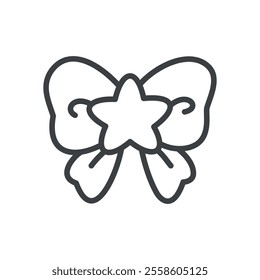 Kawaii bow icon. Hand drawn monochrome illustration of a ribbon decorated with a star isolated on a white background. Cute sticker. Vector 10 EPS.