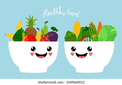 Kawaii bowls with fruits and vegetables vector illustration. Bowls with fruit and vegetable, carrot and cabbage