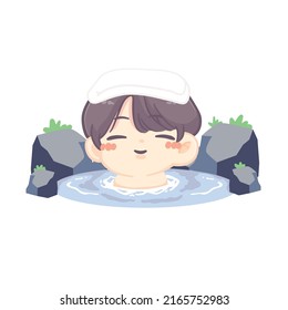 Kawaii boy character taking a bath in onsen