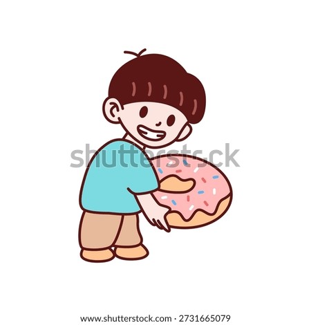 Kawaii boy mascot lifting a large pink sprinkle donut. Character in teal shirt leaning and carrying pastry.