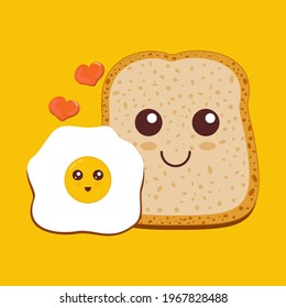 Kawaii bread for breakfast. Slices of cute wheat bread and fried egg isolated on yellow background. Bread vector illustration.