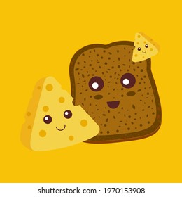 Kawaii bread with cheese. Cute breakfast vector illustration simple modern style. Food character cartoon.