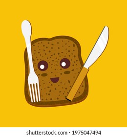 Kawaii bread with knife and fork. Cute breakfast vector illustration simple modern style. Food character cartoon.