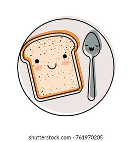 kawaii bread slice and spoon on dish in watercolor silhouette