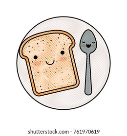 kawaii bread slice and spoon on dish in colored crayon silhouette