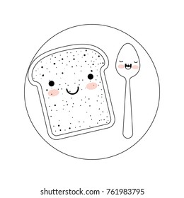 kawaii bread slice and spoon on dish in monochrome silhouette on white background