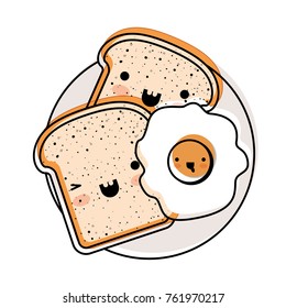 kawaii bread slices and fried egg on dish in watercolor silhouette