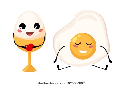 Kawaii breakfast. boiled egg on a stand, fried egg isolated on white background. Vector illustration.