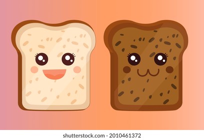 Kawaii breakfast concept. Wheat and rye bread with cute emotions. Delicious and healthy toasts. Fresh, hot food. Cartoon modern flat vector illustration isolated on a pink gradient background