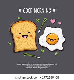 Kawaii Breakfast, Cute Fried Egg And Bread, Breakfast Time, Cartoon Illustration