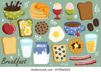 Kawaii breakfast. Funny characters breakfast vector collection: toasts bread , cup of coffee, tea, milk, toaster, fried egg.
