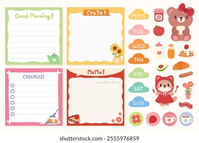 Kawaii breakfast and planner sticker set. Cute bear and cat themed daily planner designs.