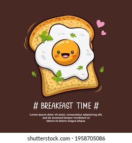 Kawaii Breakfast Sandwich With Cute Friad Egg, Cartoon Illustration