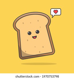 Kawaii Breakfast, slice of bread on yellow background, slice bread with love icon, cute food vector illustration