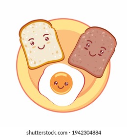 Kawaii breakfast. Slices of bread and fried egg isolated 
on yellow plate. Vector illustration.