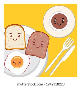 Kawaii breakfast. Slices of bread and fried egg isolated 
on yellow plate. Vector illustration.
