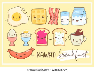 Desayuno Kawaii. Cocina variada y sabrosa con cara. Conjunto vectorial dibujado a mano. Versión coloreada. Fondo amarillo. Todos los elementos están aislados