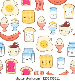 Kawaii breakfast. Various tasty food with faces. Hand drawn vector seamless pattern. Colored version