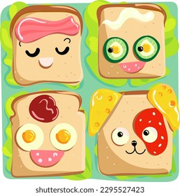 Kawaii breakfast vector toast with funny face. Bread, egg, bacon , cheese 