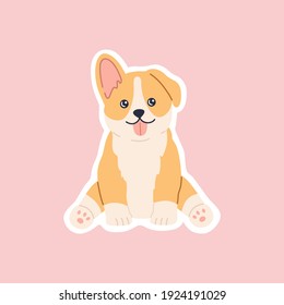 Kawaii breed corgi sitting sticker, funny little dog, cute face with tongue. Friendly happy puppy character. Hand drawn trendy modern illustration in flat cartoon style, isolated on pink background