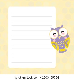 Kawaii bright colorful owls, funny birds, muzzle with pink cheeks and winking eyes. Card design with yellow pastel colors polka dot lined page notebook, template, blank, planner background. Vector