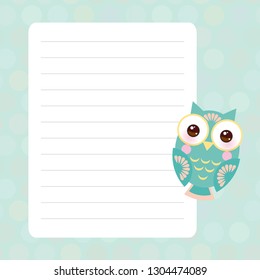 Kawaii bright colorful owls, funny birds, muzzle with pink cheeks and winking eyes. Card design with blue mint pastel colors polka dot lined page notebook, template, blank, planner background. Vector