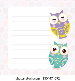 Kawaii bright colorful owls, funny birds, muzzle with pink cheeks and winking eyes. Card design with pink pastel colors polka dot lined page notebook, template, blank, planner background. Vector