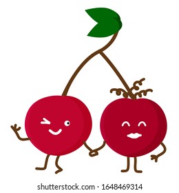 Kawaii Bright red cherry couple isolated icon. Fresh beriies for recipe or web design. vector illustration in flat style with funny face. Isolated on white background.