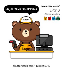 Kawaii brown bear salesman mascot in cashier pose vector