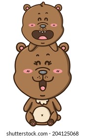 kawaii brown bears. Vector illustration of happy cartoon mom and baby of brown bears