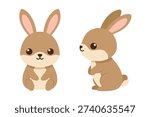 Kawaii brown bunny rabbit sitting and standing pose isolated on white for easter and pet design