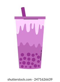Kawaii bubble milk tea with tapioca pearls. Asian Taiwanese beverage. Cartoon flat vector illustration.