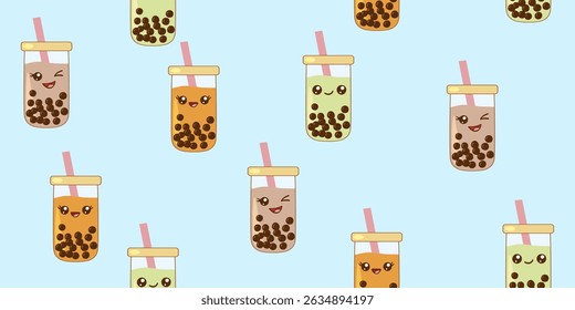 Kawaii bubble tea cups with happy faces seamless pattern on blue background, vector