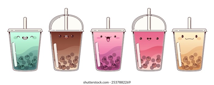 Kawaii bubble tea cups set isolated on white background. Contemporary vector cartoon illustration of fruit, milk, chocolate drink with chewy balls, beverage mascot with cute smile, cafe menu icon