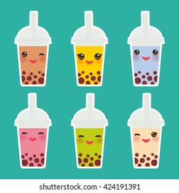 Kawaii  Bubble Tea with different fruits and berries. Milk Cocktails in plastic cup, tubule. Different sorts of Bubble Tea Cocktails. pastel colors on turquoise background. Vector