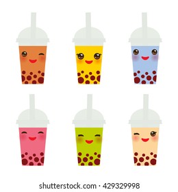 Kawaii  Bubble Tea with different fruits and berries. Milk Cocktails in plastic cup, tubule. Different sorts of Bubble Tea Cocktails. pastel colors on white background. Vector