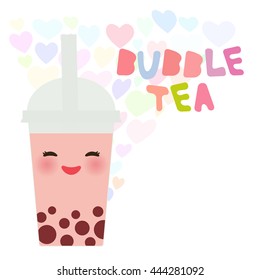 Kawaii  Bubble Tea with fruits and berries. Milk Cocktails in plastic cup, tubule. Cocktail. Love heart pastel colors on white background. Vector