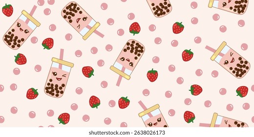 Kawaii bubble tea with strawberry and boba pearls, seamless pattern on pink background, vector