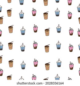 kawaii bubble tea with tapioca pearls illustration. cup of boba with eyes and funny character. seamless pattern. hand drawn vector. doodle art for wallpaper, wrapping paper, gift paper, backdrop. 