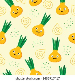 Kawaii bulbs of onions and green arrows of onion, on yellow background, seamless vector pattern