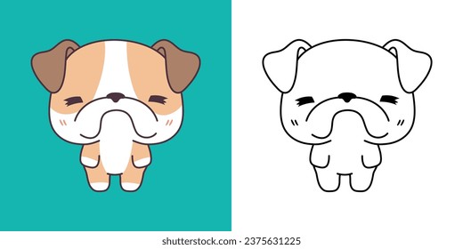 Kawaii Bulldog Dog Clipart Multicolored and Black and White. Cute Kawaii Puppy. Isolated Vector Illustration of a Kawaii Animal for Prints for Clothes, Stickers, Baby Shower. 