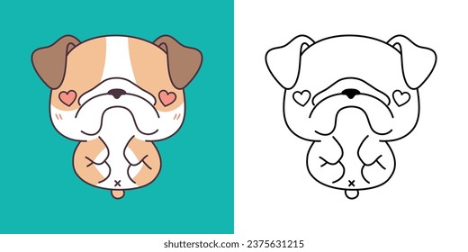 Kawaii Bulldog Dog Multicolored and Black and White. Beautiful Isolated Puppy. Funny Vector Illustration of a Kawaii Pet for Prints for Clothes, Stickers, Baby Shower. 