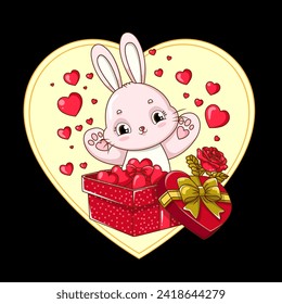 Kawaii bunny cartoon .Heart  Valentine's Day bunny. Cartoon rabbit on white background. Kids art. Hand draw. For print, textile, stickers, icons. Doodle,