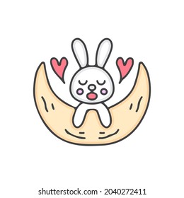 Kawaii bunny cartoon sleeping on the moon. Perfect for kids, greeting card, baby shower girl, fabric design.
