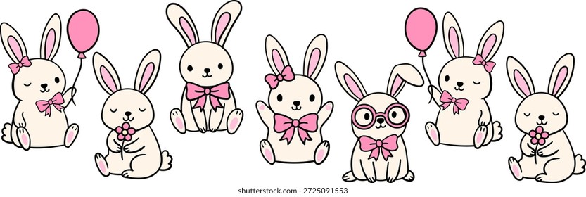 Conjunto de Vector de borde de personajes de conejo kawaii con conejos guiñando el ojo y Elementos de primavera Decoración festiva para niños Tarjeta de felicitación