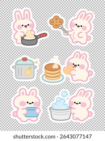 Kawaii bunny characters cooking and baking in the kitchen. Great for food and home-themed projects.
